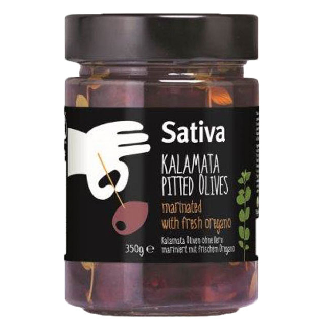 Kalamata Oliven entsteint, mariniert mit frischem Oregano Sativa 350g