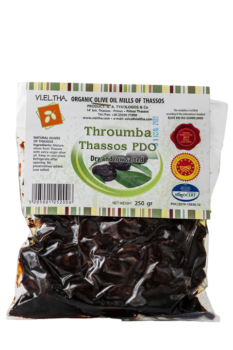 Schwarze Oliven Throumba g.U. wenig gesalzen Tyrologos 250g