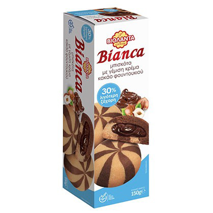 Cookies Bianca mit Vanille und Kakao gefüllt mit Haselnusscreme 30% weniger Zucker Violanta 150g